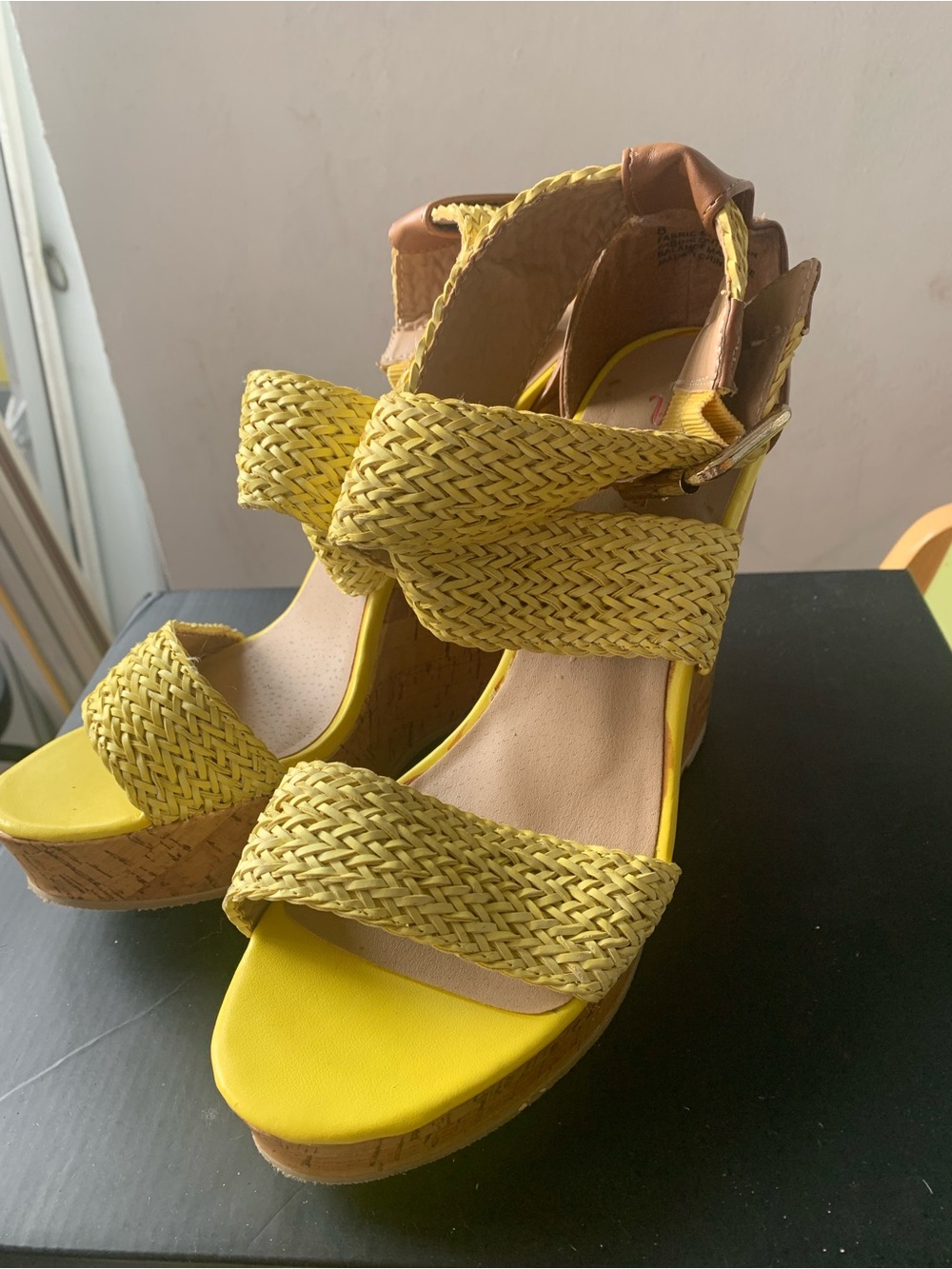 Woven Yellow Platform Wedge Sandals - Women, size 8